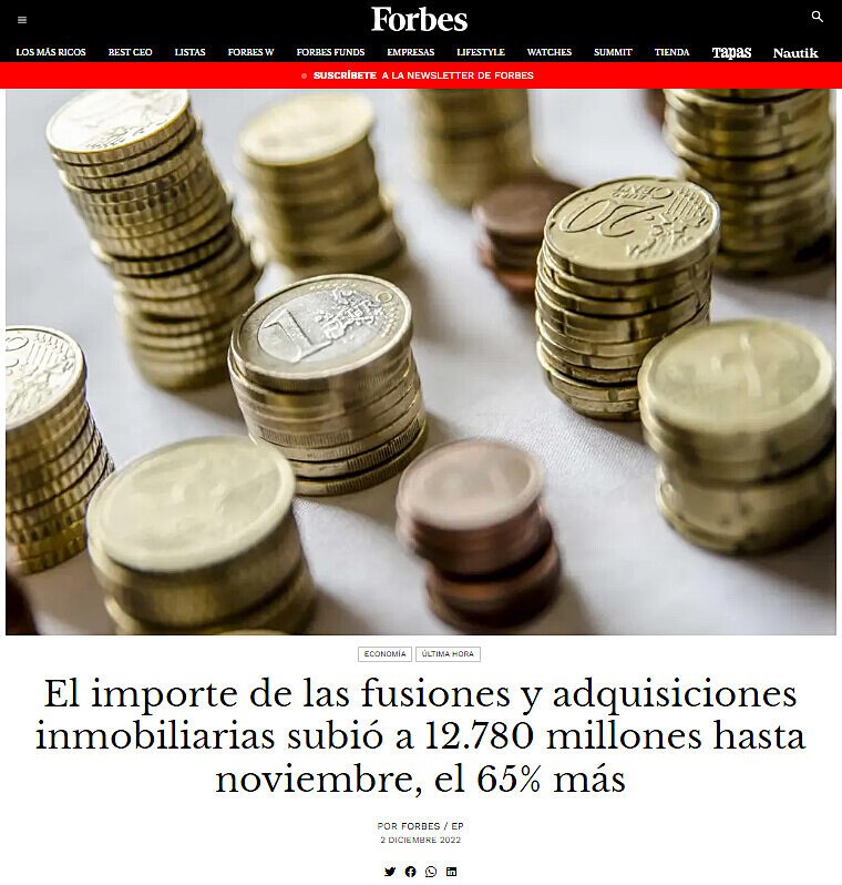 El importe de las fusiones y adquisiciones inmobiliarias subi a 12.780 millones hasta noviembre, el 65% ms